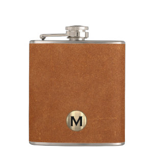 Sable Brown Leather Gold Monogram Hip Flask