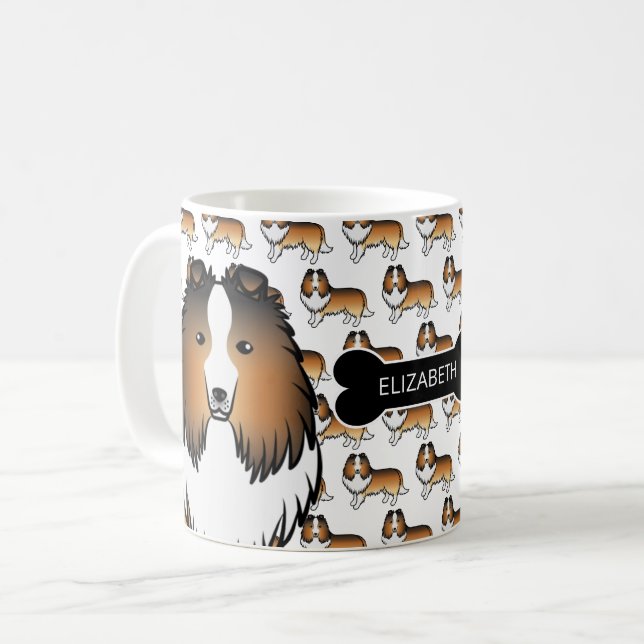 Sable Cartoon Sheltie With Dog Bone & Name Coffee Mug (Front Left)