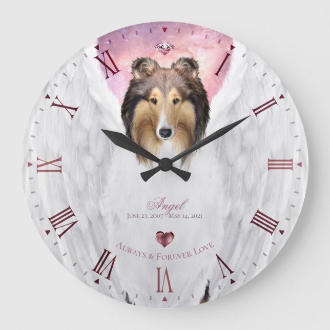 Sable Collie Angel Keepsake, Pink Roman Dial - Large Clock (Front)