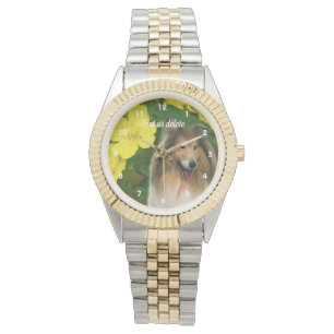Sable Collie Dog And Yellow Flowers Personalised Watch