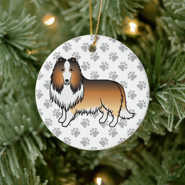 Sable Rough Collie Cute Cartoon Dog & Paws Ceramic Ornament (Tree)