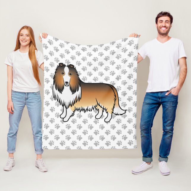 Sable Rough Collie Cute Cartoon Dog & Paws Fleece Blanket (In Situ)