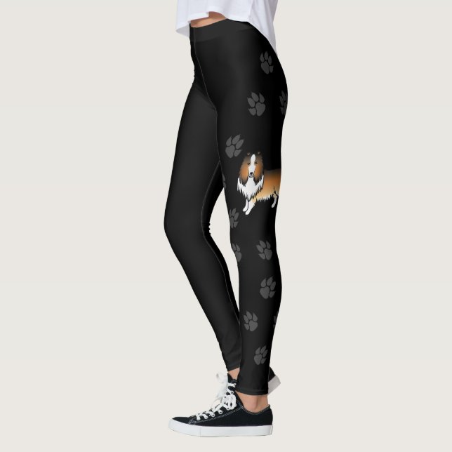Sable Rough Collie Cute Cartoon Dog & Paws Leggings (Left)