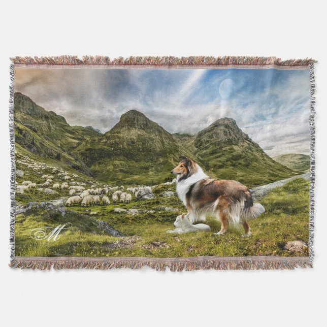 Sable Rough Collie, Lamb & Sheep - Personalised Throw Blanket (Front)