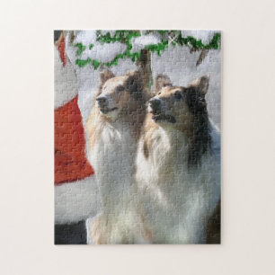 Sable Rough Collies With Santa Christmas  Jigsaw Puzzle