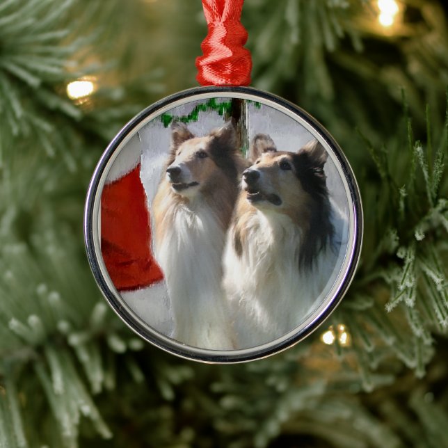 Sable Rough Collies With Santa Christmas  Metal Ornament (Tree)