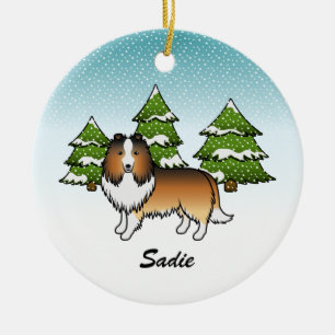 Sable Sheltie Cartoon Dog In Winter & Name Ceramic Ornament