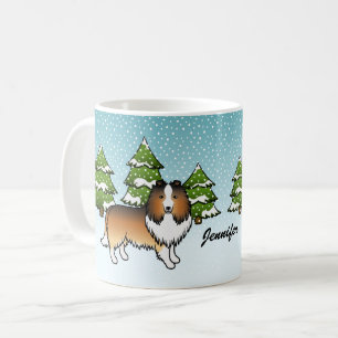 Sable Sheltie Cartoon Dog In Winter & Name Coffee Mug