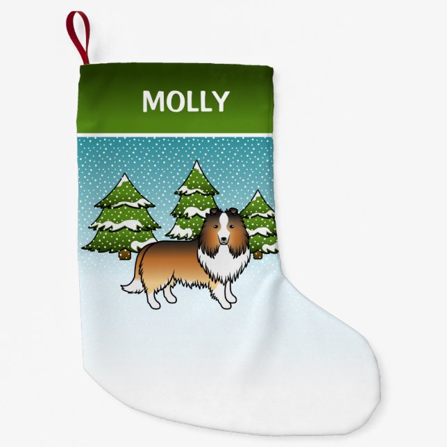Sable Sheltie Cartoon Dog In Winter & Name Small Christmas Stocking (Front)