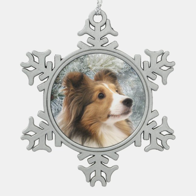 Sable Sheltie Christmas Snowflake Pewter Christmas Ornament (Front)