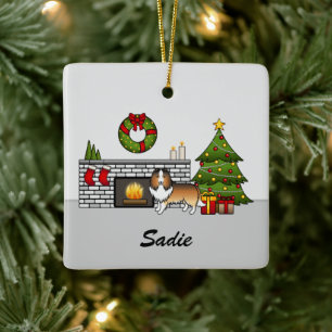Sable Sheltie Dog In A Christmas Room & Name Ceramic Ornament