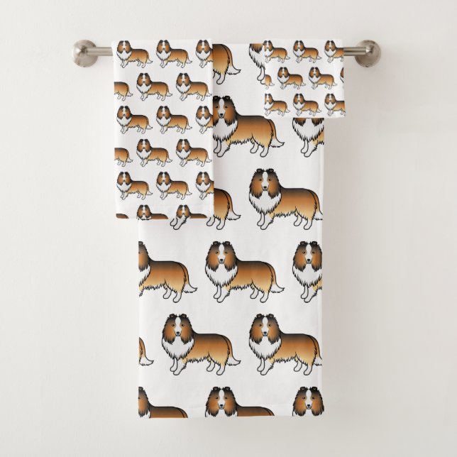 Sable Shetland Sheepdog Cartoon Dog Pattern Bath Towel Set (Insitu)