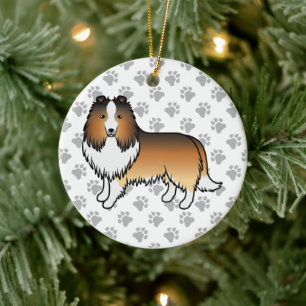 Sable Shetland Sheepdog Cartoon Dog & Paws Ceramic Ornament