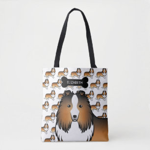 Sable Shetland Sheepdog Dog And Bone & Name Tote Bag