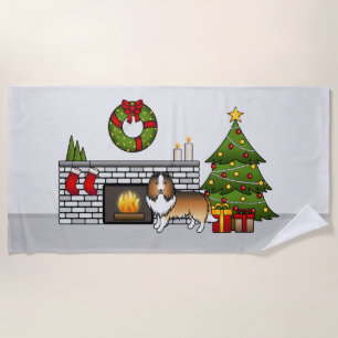 Sable Shetland Sheepdog Dog In A Christmas Room Beach Towel