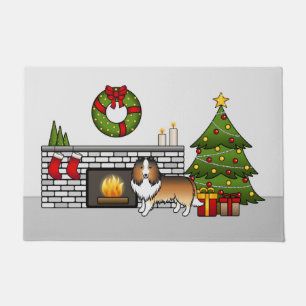 Sable Shetland Sheepdog Dog In A Christmas Room Doormat