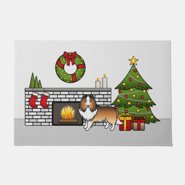 Sable Shetland Sheepdog Dog In A Christmas Room Doormat (Front)