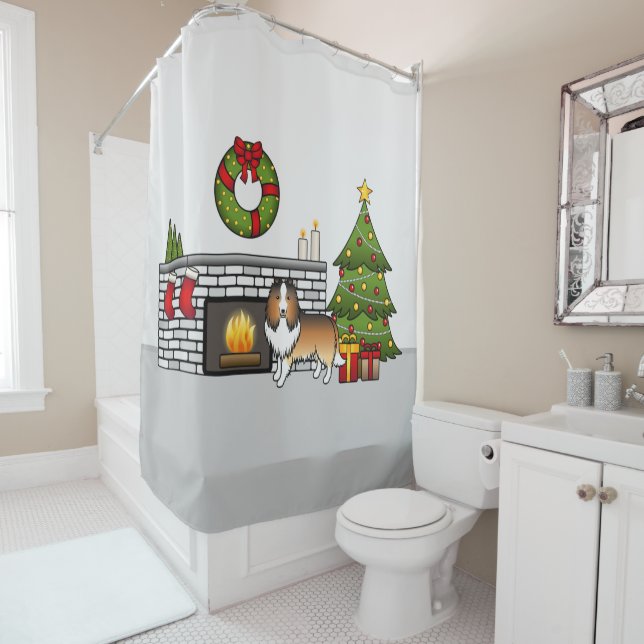 Sable Shetland Sheepdog Dog In A Christmas Room Shower Curtain (In Situ)