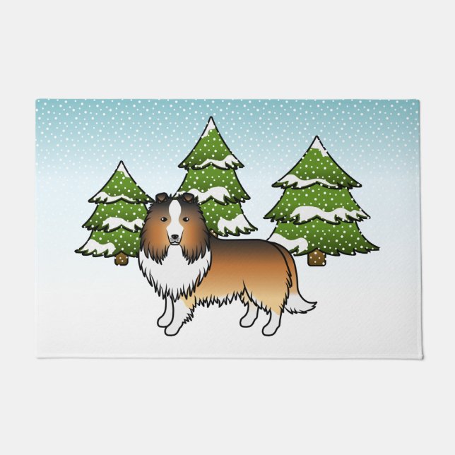 Sable Shetland Sheepdog In A Winter Forest Doormat (Front)