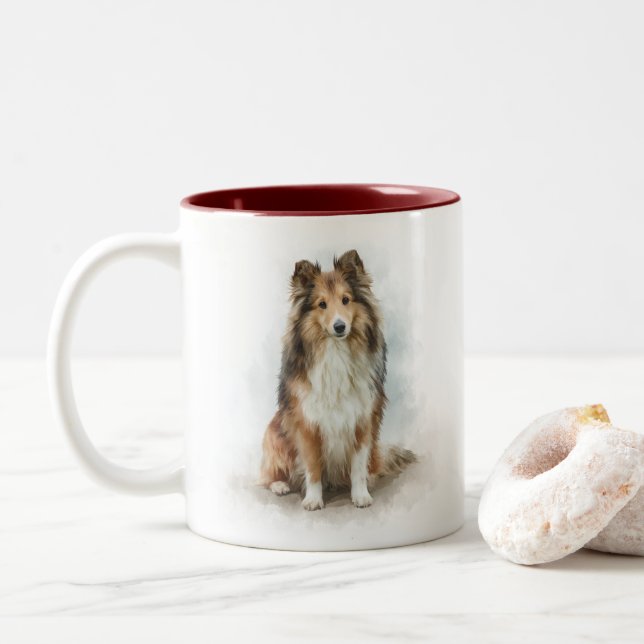 Sable Shetland Sheepdog Portrait Two-Tone Coffee Mug (With Donut)