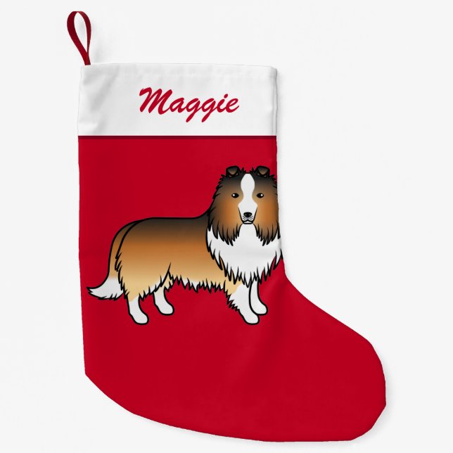 Sable Shetland Sheepdog Sheltie On Red & Name Small Christmas Stocking (Front)