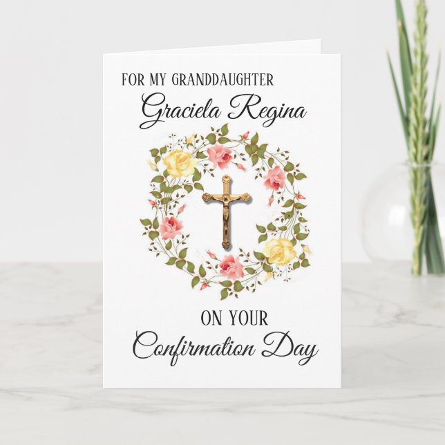 Sacrament Confirmation Crucifix Floral Wreath Holiday Card (Front)