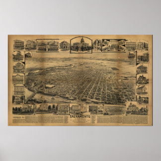 Sacramento California 1890s Antique Panoramic Map Poster