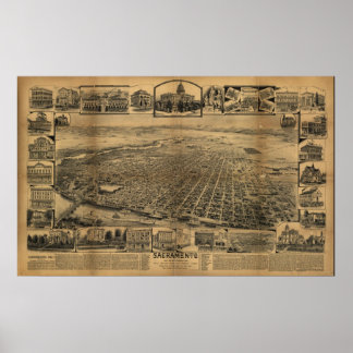 Sacramento California 1890s Antique Panoramic Map Poster