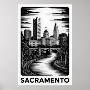 Sacramento California Skyline Black White Woodcut Poster