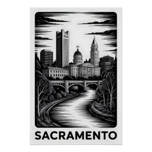 Sacramento California Skyline Black White Woodcut Poster