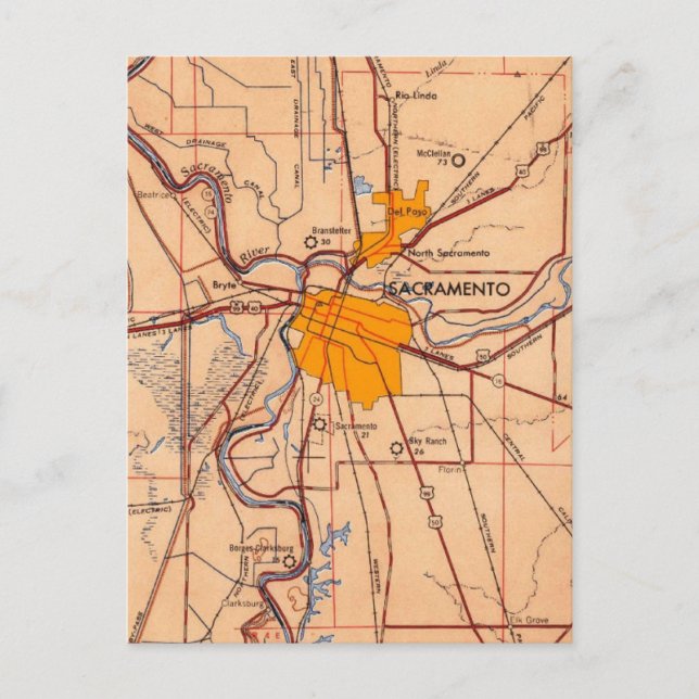 Sacramento California Vintage Map Postcard (Front)