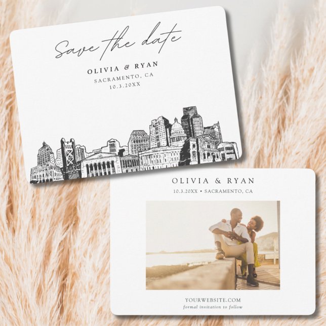 Sacramento Wedding Skyline Sketch Save the Date  Invitation (Sacramento Wedding Save the Date)