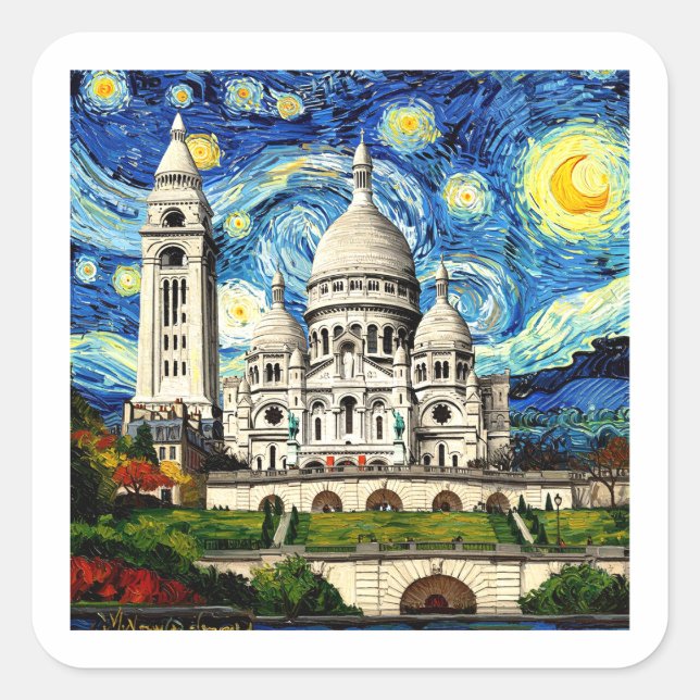 Sacre-Coeur Paris France Starry Night Square Sticker (Front)