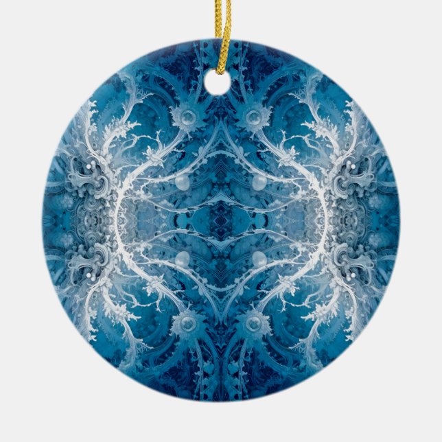 Sacred Cosmic Flow - Blue Silver Symmetry Ceramic Ornament (Front)