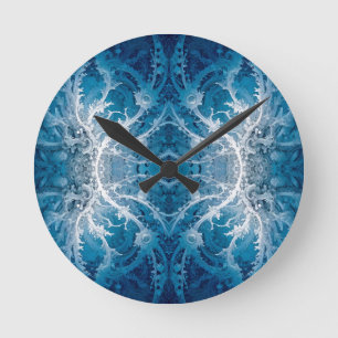 Sacred Cosmic Flow - Blue Silver Symmetry Round Clock