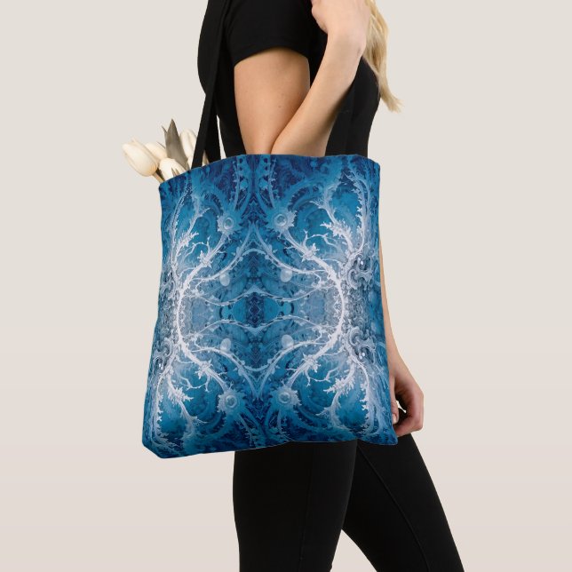 Sacred Cosmic Flow - Blue Silver Symmetry Tote Bag (Close Up)