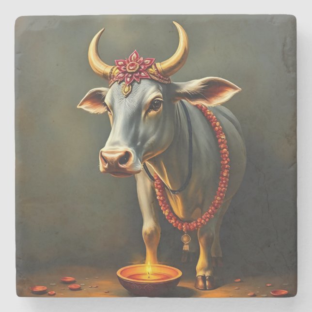 Sacred Cow Diwali Table Accent Stone Coaster (Front)