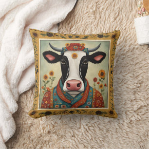 Sacred Cow Floral Folk Art Cushion