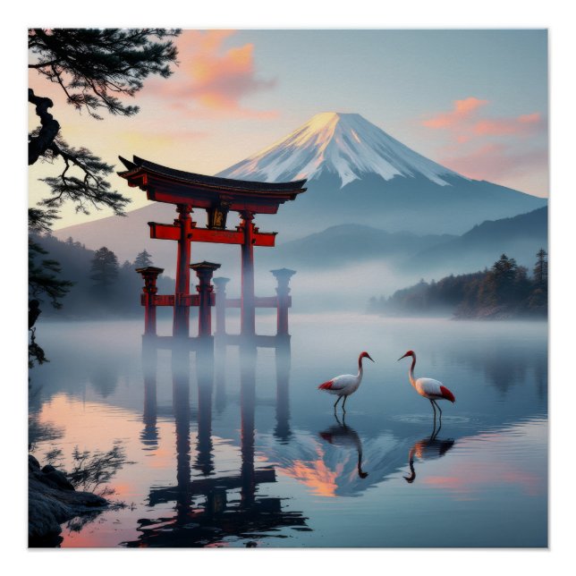 Sacred Dance: Red Crown Cranes at Fuji's Gate Poster (Front)