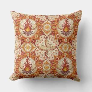 Sacred Flame Lotus Mandala - Fire Phoenix Pattern Cushion