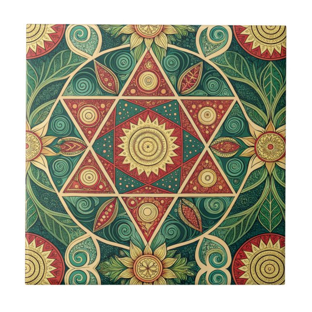 Sacred Geometric Floral Mandala Design Pattern Art Ceramic Tile (Front)