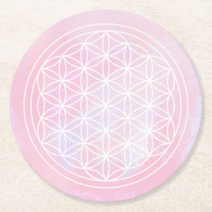 sacred geometric, pink, flower of life round paper coaster