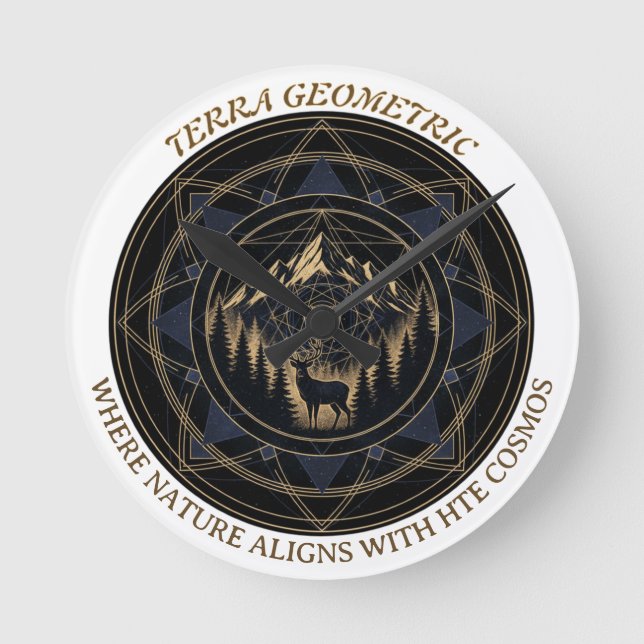 Sacred Geometry Nature Fusion • Mountains & Forest Round Clock (Front)