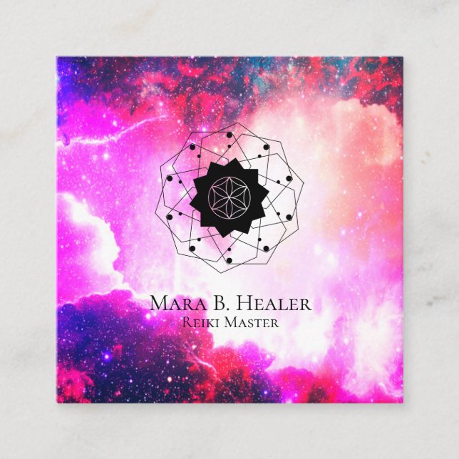 * Sacred Geometry  Nebula Universe Pink Purple Square Business Card (Front)
