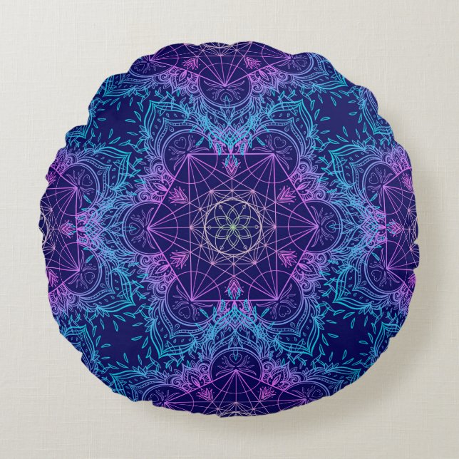 Sacred Geometry Symbols in Mandala seamless patter Round Cushion (Front)