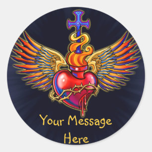 Sacred Heart Angel Wings Design Classic Round Sticker