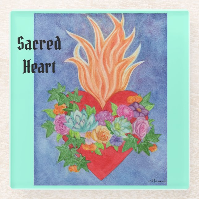 Sacred Heart Glass Coaster Colourful Original Art (Front)