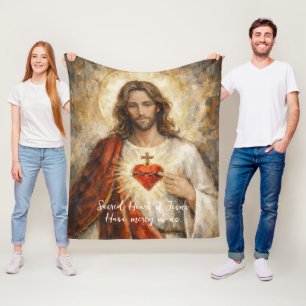 Sacred Heart Jesus Artistic Impasto Painting Red Fleece Blanket