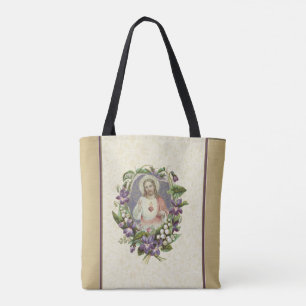 Sacred Heart Jesus Catholic Religious Floral Tote Bag