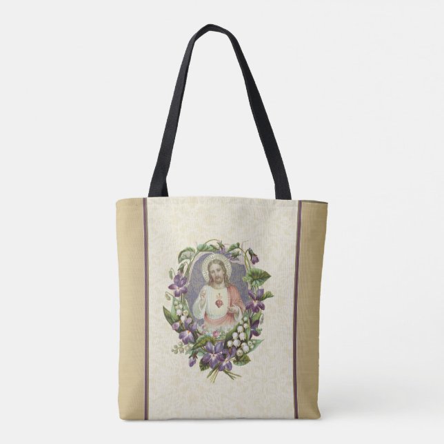 Sacred Heart Jesus Catholic Religious Floral Tote Bag (Back)